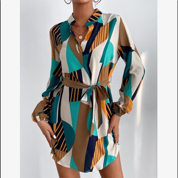 Elegant Classy Abstract Geo Print Notched Neck Belt Dress - Picture 5 of 5